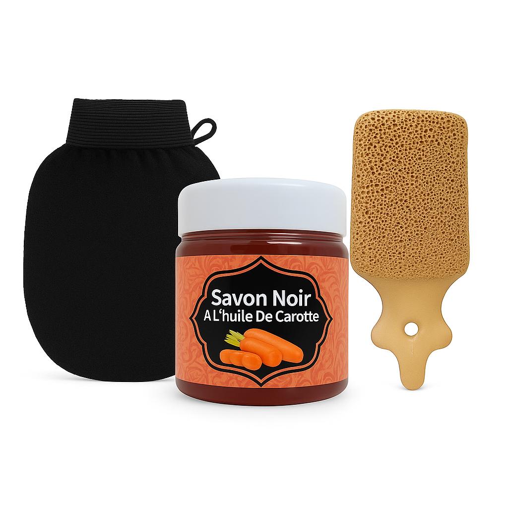 Black Soap with Carrot Extract 200g + Kessa Glove + Pumice Stone – Radiance & Glow Hammam Set