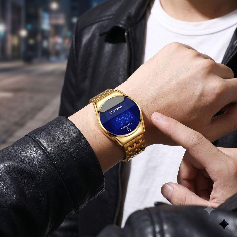 Fashion BestWin Top Brand Men's Led Touchscreen Analog Digital Hybrid Round Dial Casual Dress Full Stainless Steel Watches
