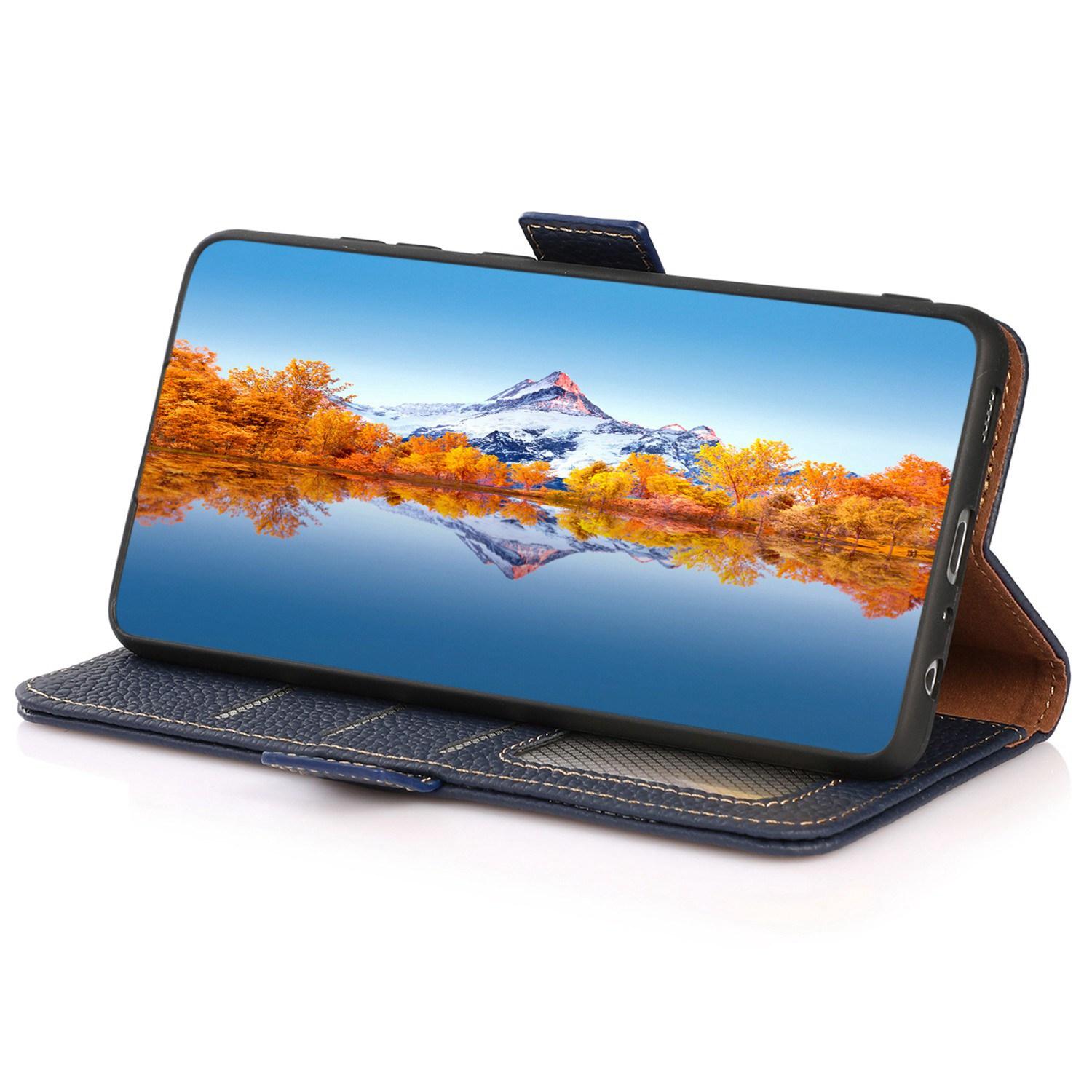 

KHAZNEH for Xiaomi Redmi Note 12 5G (Global)/(India)/(China)/Poco X5 5G Genuine Leather Magnetic Flip Case RFID Blocking Stand Shockproof Phone Cover Blue