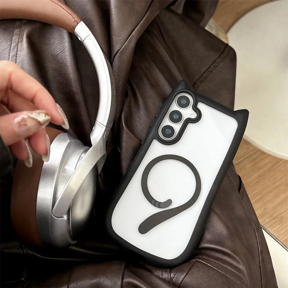 Süßes Katzenohr für Magsafe Hülle Für Samsung Galaxy S25 S24 S23 Ultra Plus Transparente PC TPU Magnetische Abdeckung Kabelloses Ladegehäuse
