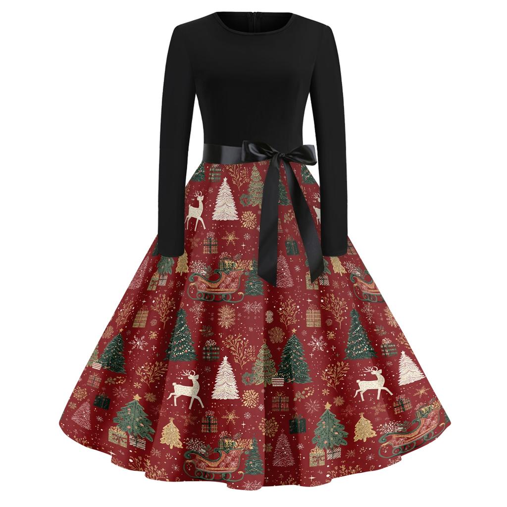 Women's Casual Fashion Round Neck Christmas Printed Vintage Dress