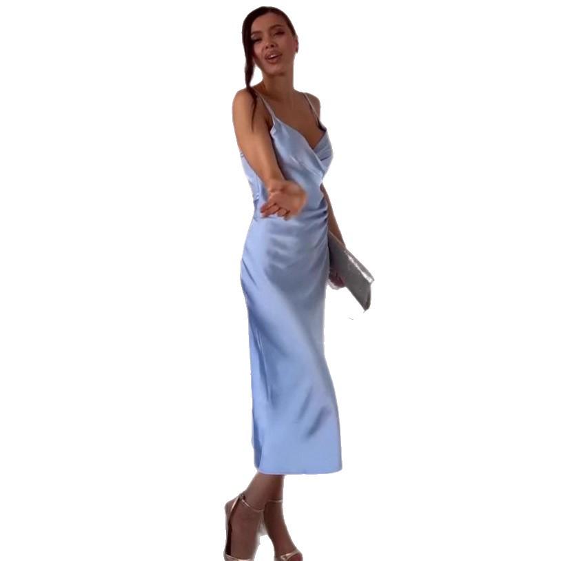 2025 Summer Women's Elegant Retro Backless Pleated Satin Dress – European & American Style