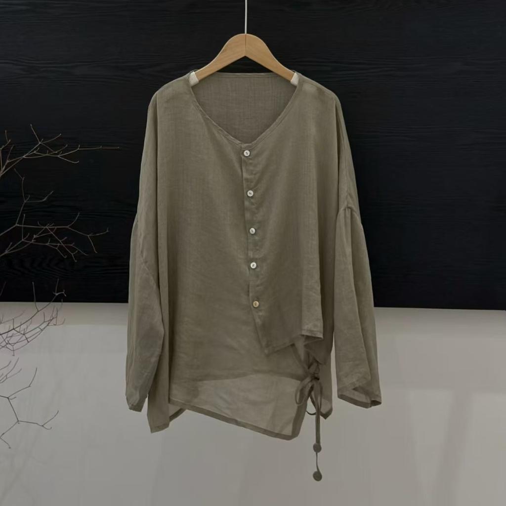 1116 summer new women's round neck Japanese ramie top shirt loose shirt top cardigan literary style ins