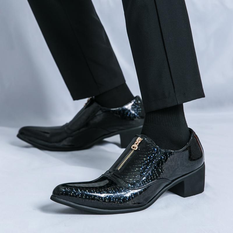 Patent Leather Men Shoes Man Loafers Zip Slip On Business Casual Shoes Classic High Heels Dress Oxford Shoes Male Flats