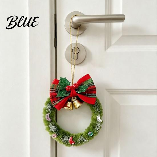 Retro Style Plaid Bow Pendants Mini Christmas Wreath Ornament, Hanging Decoration with And Small Fabric Decorations for Home Metal Bells, Handmade