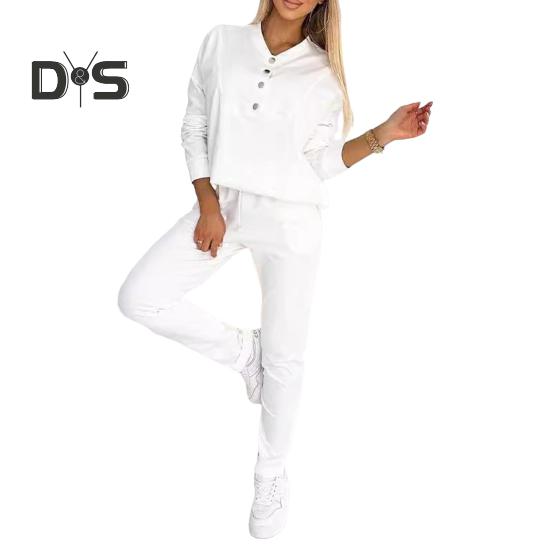 

2 шт./комплект женский топ брюки костюм декор пуговицы V-образный вырез длинные рукава однотонный свитшот эластичный пояс брюки повседневная одежда спортивный наряд осень весна L белый