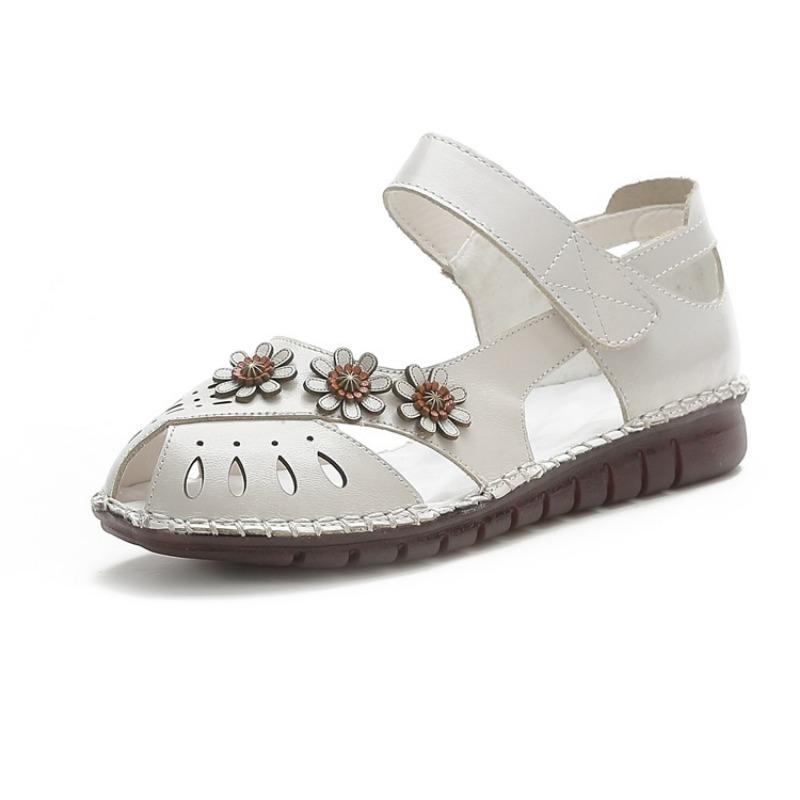 Sandals Women's Genuine Leather Beef Tendon Sole Spring and Summer Fish Mouth Flower Hollow Velcro Non-slip Soft Sole Comfortable