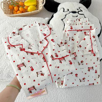 Pijama Casual de Dibujos Animados de Perro Dachshund para Mujer Verano Solapa Manga Corta Algodón Nube Conjunto de Ropa de Dormir para Niña