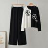 European and American pullover color matching knitted top + solid color wide-leg pants two-piece set 1116 new loose suit