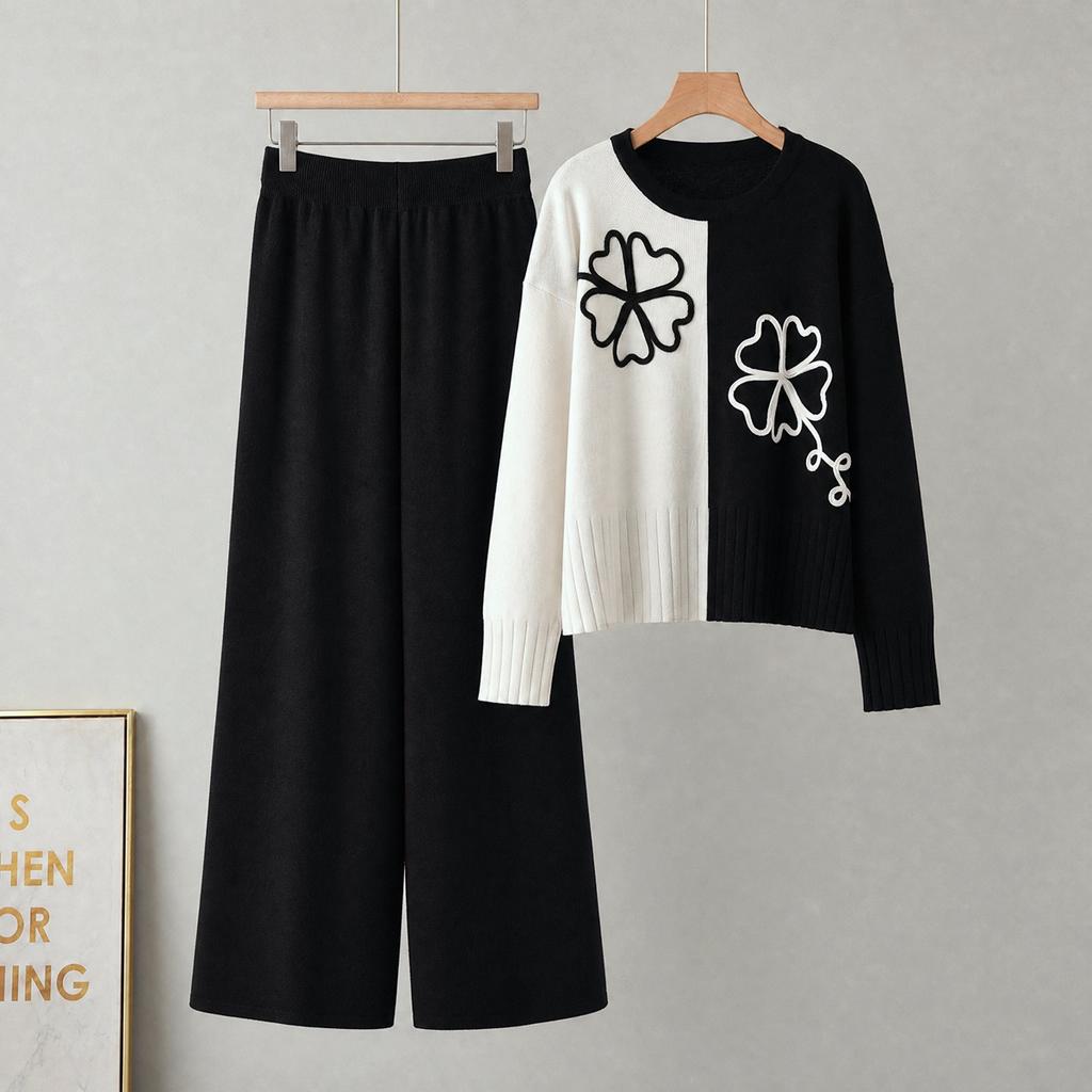 European and American pullover color matching knitted top + solid color wide-leg pants two-piece set 1116 new loose suit