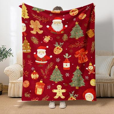 Christmas Polyester Knit Blanket Lightweight HD Print Travel Throw for Sofa Bed Living Room Four Season Gift