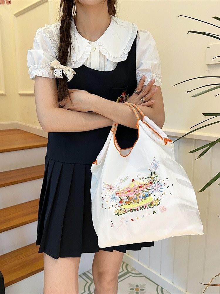 Exquisite Embroidered Oxford Tote Bag Stylish Cartoon Shopping Handbag For Daily Use