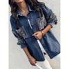 2025 Lapel Contrast Sequin Fringe Hem Denim Jacket