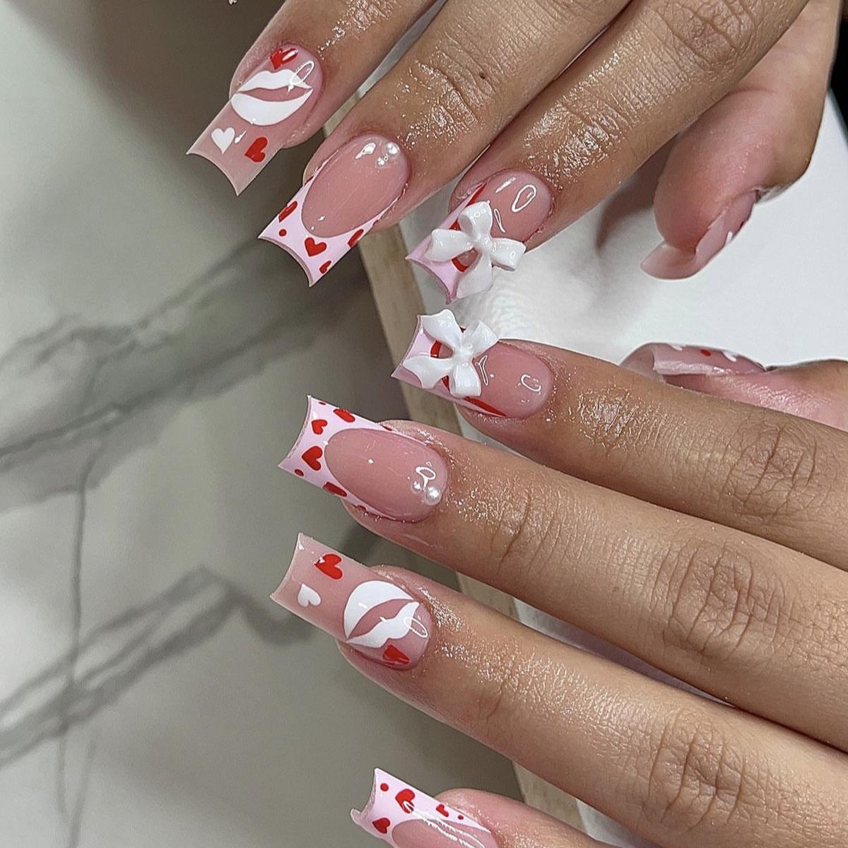 

Valentine s Day Detachable French Red Heart Pearl Bow Fake Nails