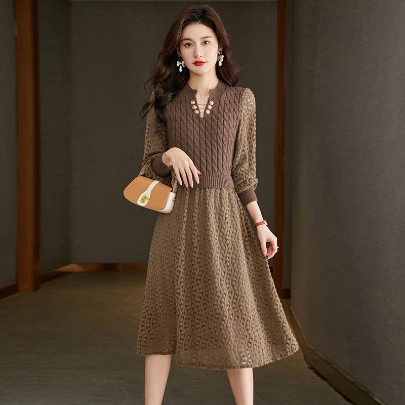 

GMXIA Женские трикотажные платья Осень и зима Новые модные длинные платья-свитера с рукавами-фонариками One size коричневый