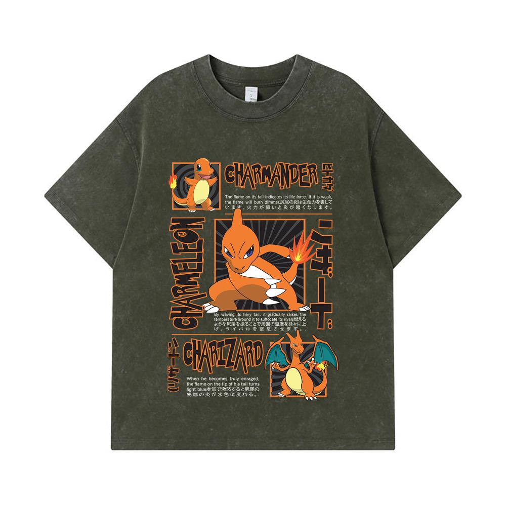 275 GSM Washed T-shirts 100% Cotton Pokemon V5 Charmander Print Unisex Heavy Cotton T Shirt S
