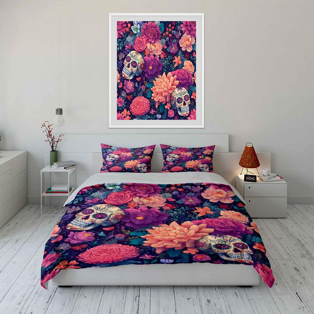 Colorful Skull Floral Decor Set Multiple Sizes Kid's and Adults' Bedroom Exquisite 3PC Bedding Set Gift
