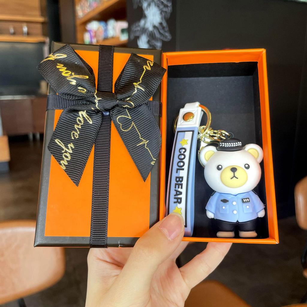 Cartoon Epoxy Traffic Police Firefighter Bear Keychain Promotional Gifts Fashion Couple Accessories Cute School Bag Lanyard