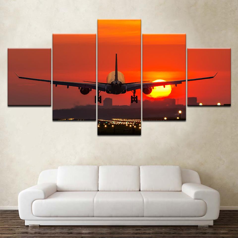 

The plane flying sunset 5 piece Wallpapers modern Modular Poster art Canvas painting for Living Room Home Decor 20x35 20x45 20x55cm
