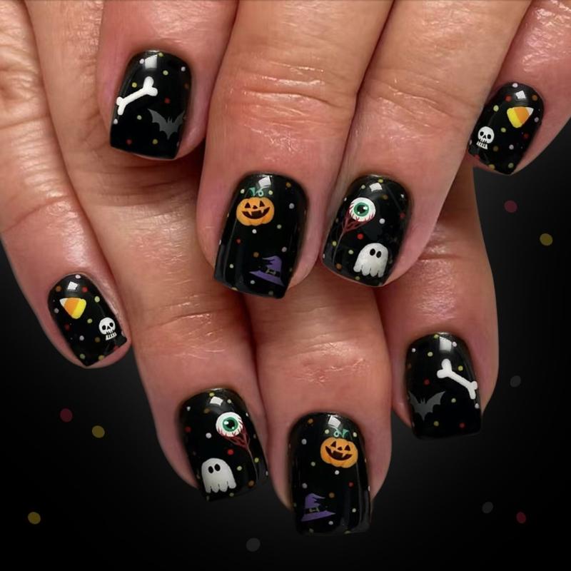 

24Pieces Halloween Press On Nail Black Theme White Skeleton Skull Design Fingernail Tips Nail Not Need Tools 1