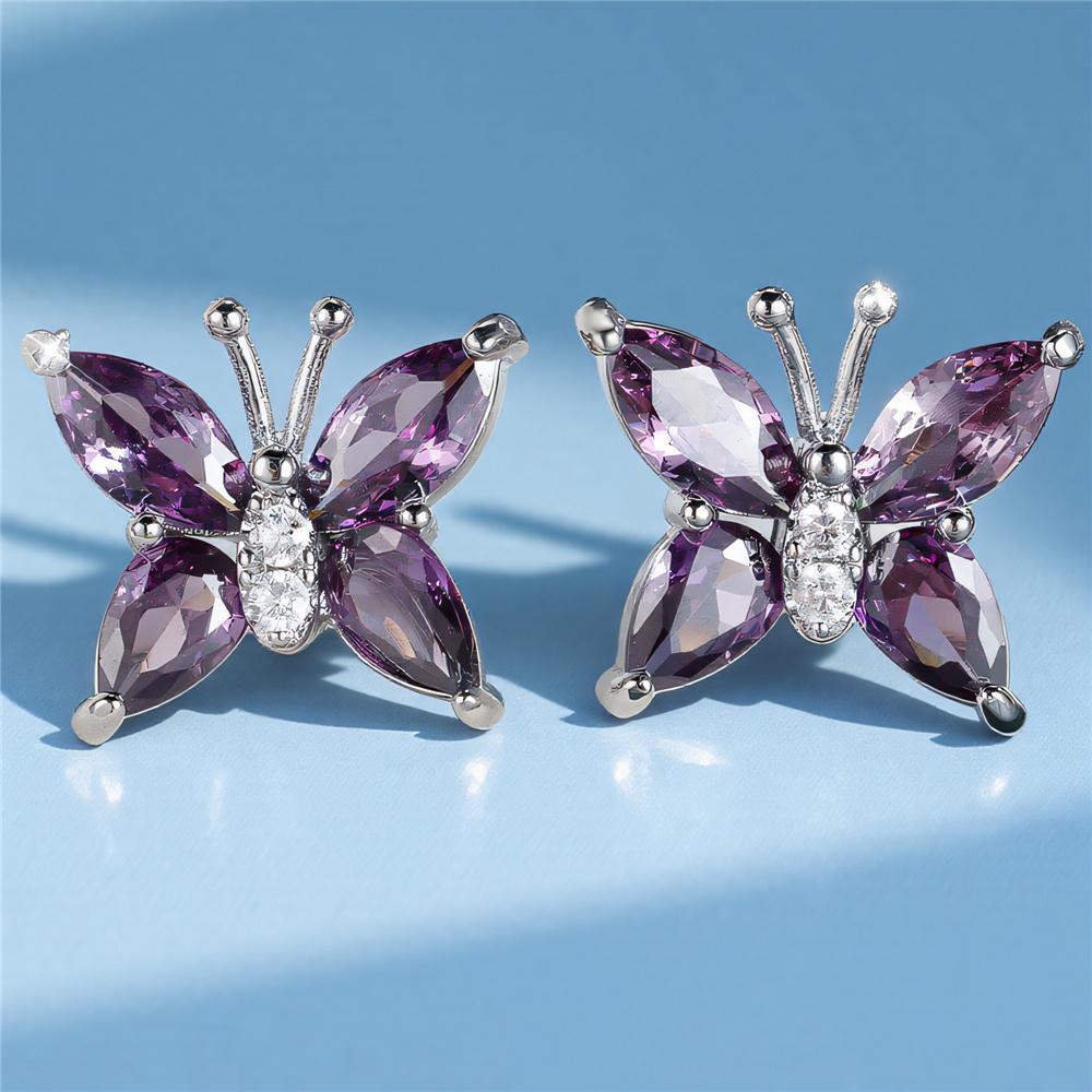 Simple Female Purple Crystal Stone Silver Color Stud Earrings Cute Bridal Butterfly Weddings Jewelry For Women