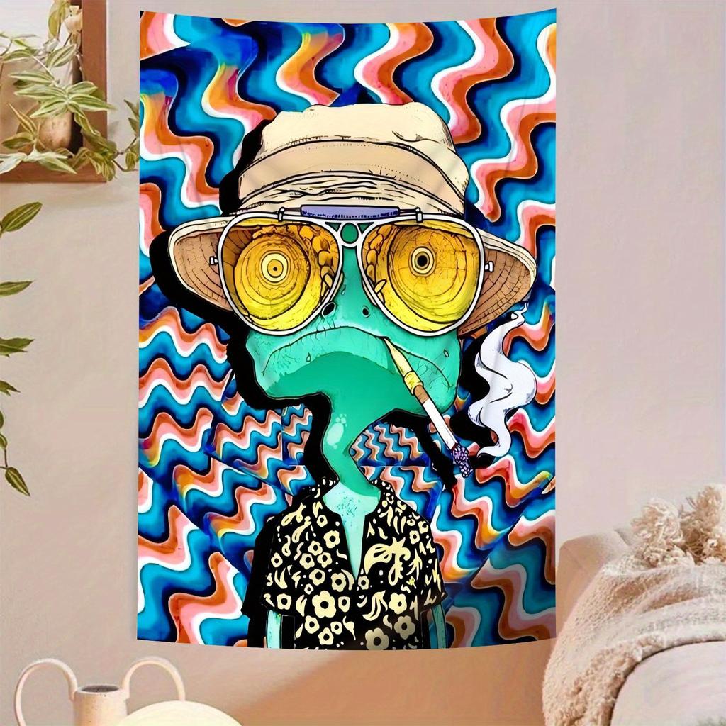 Psychedelischer Frosch mit Sonnenbrille – Wandteppich für gemütliche Schlafzimmeratmosphäre, lebendigen Wohnstil und farbenfrohe Verschönerung