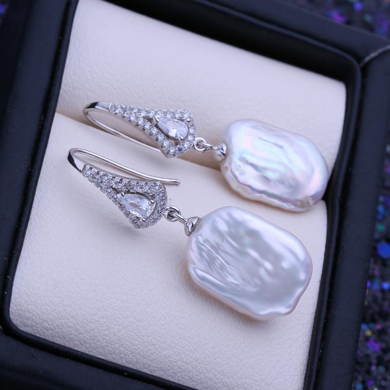 LSOOYH Natürliche Süßwasser Weiße Große Barocke Perle Ohrringe Für Frauen Mode Silber Farbe Tropfen Ohrringe Hochzeit Schmuck