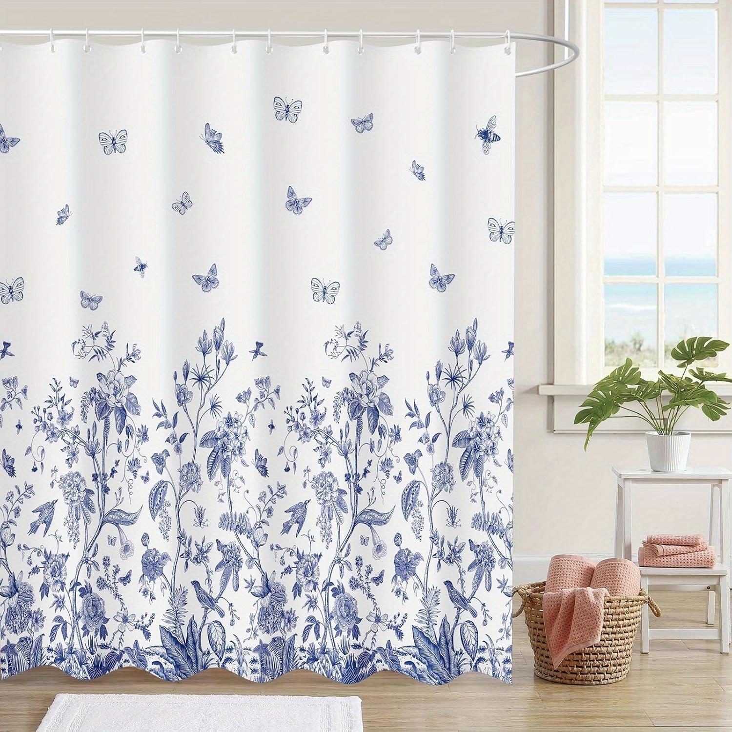 

1Pc Onellaty Blue And White Floral Shower Curtain, Polyester Fabric, Machine Washable, With Hooks, Suitable For Bathroom W60H190(CM)-1 Pcs