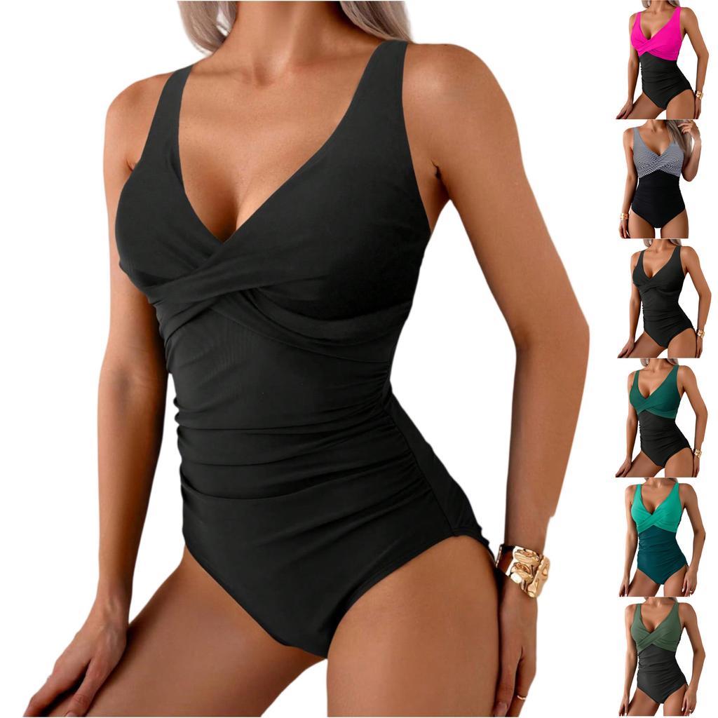 Women Swimsuit Fashionable Patchwork Design V Neck Ruched Bodysuit Bathing Suit for Beach Pool Vacation