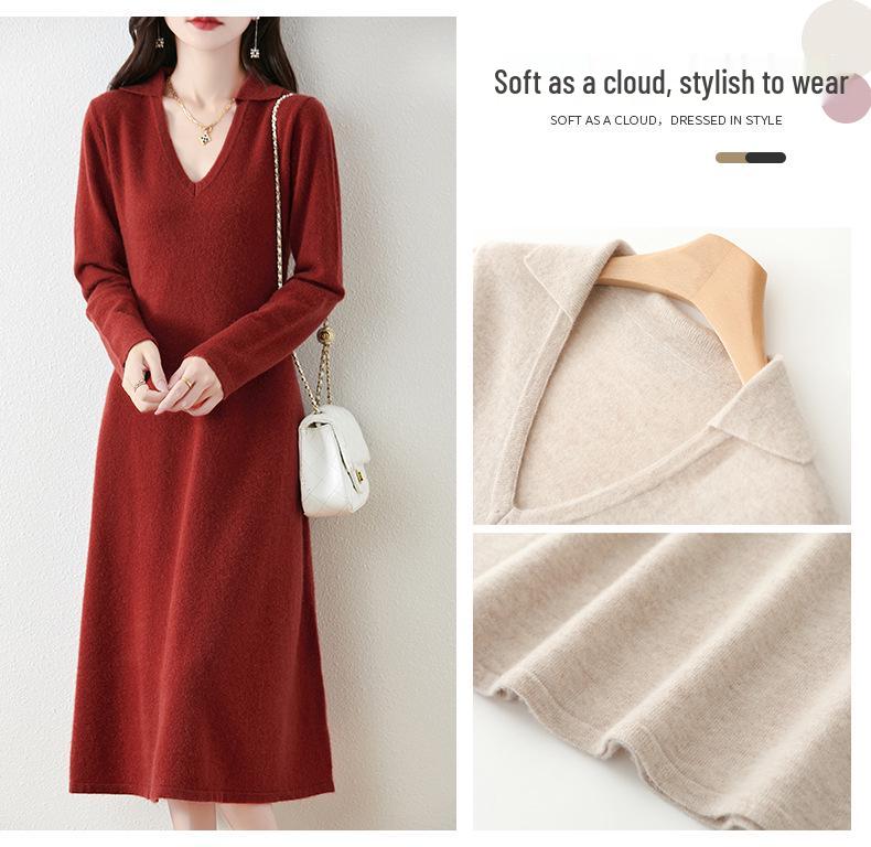 Women's 100% Pure Wool Mid-Length Knit Sweater Dress - Slimming Autumn/Winter Base Layer Long Skirt