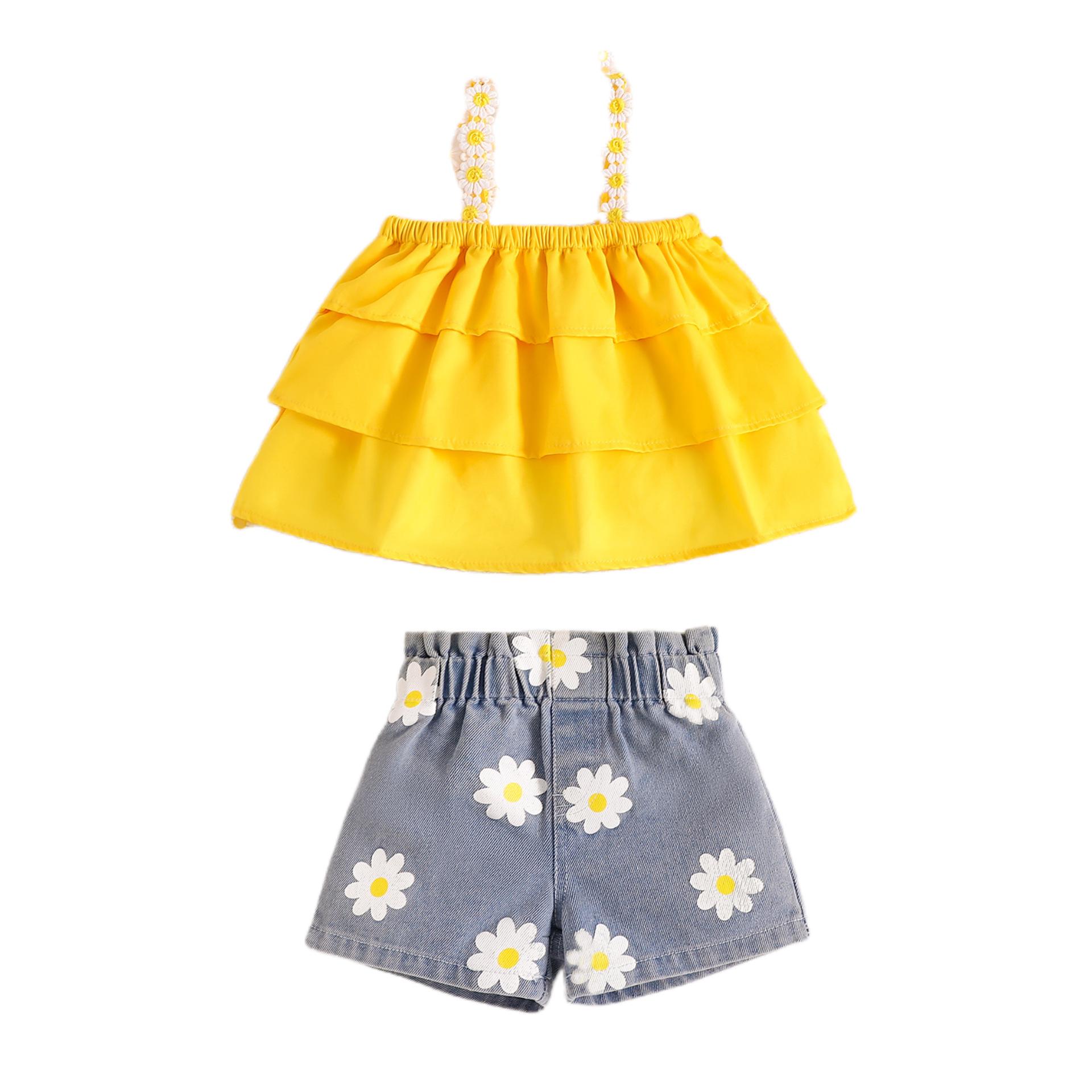 

Милый комплект для девочки Летний детский топ на бретельках с оборками, джинсовые шорты с принтом «ромашки» Набор из двух предметов 3-4Y жёлтый