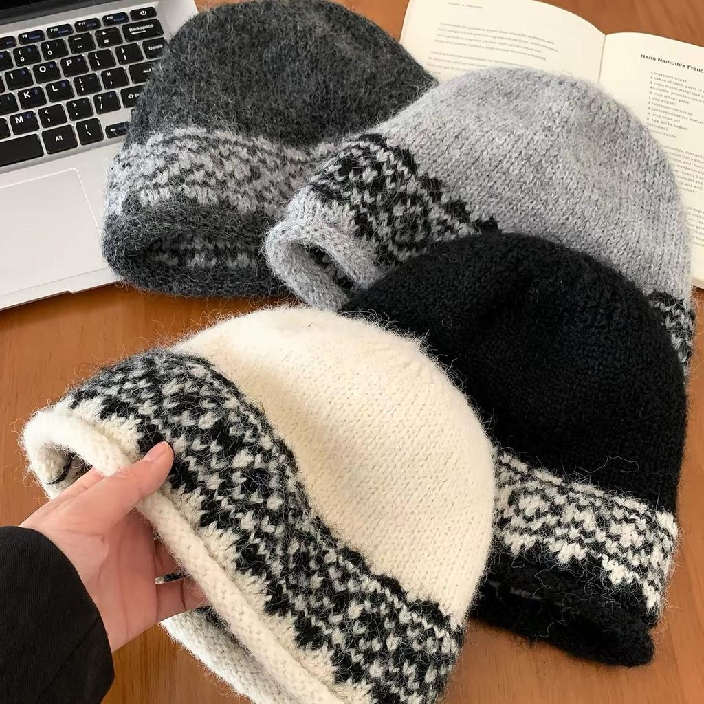 Fair Island Wool Knitted Hat Women's Autumn and Winter Hat Big Head Circumference Retro Warm Cold Hat Lazy Wind