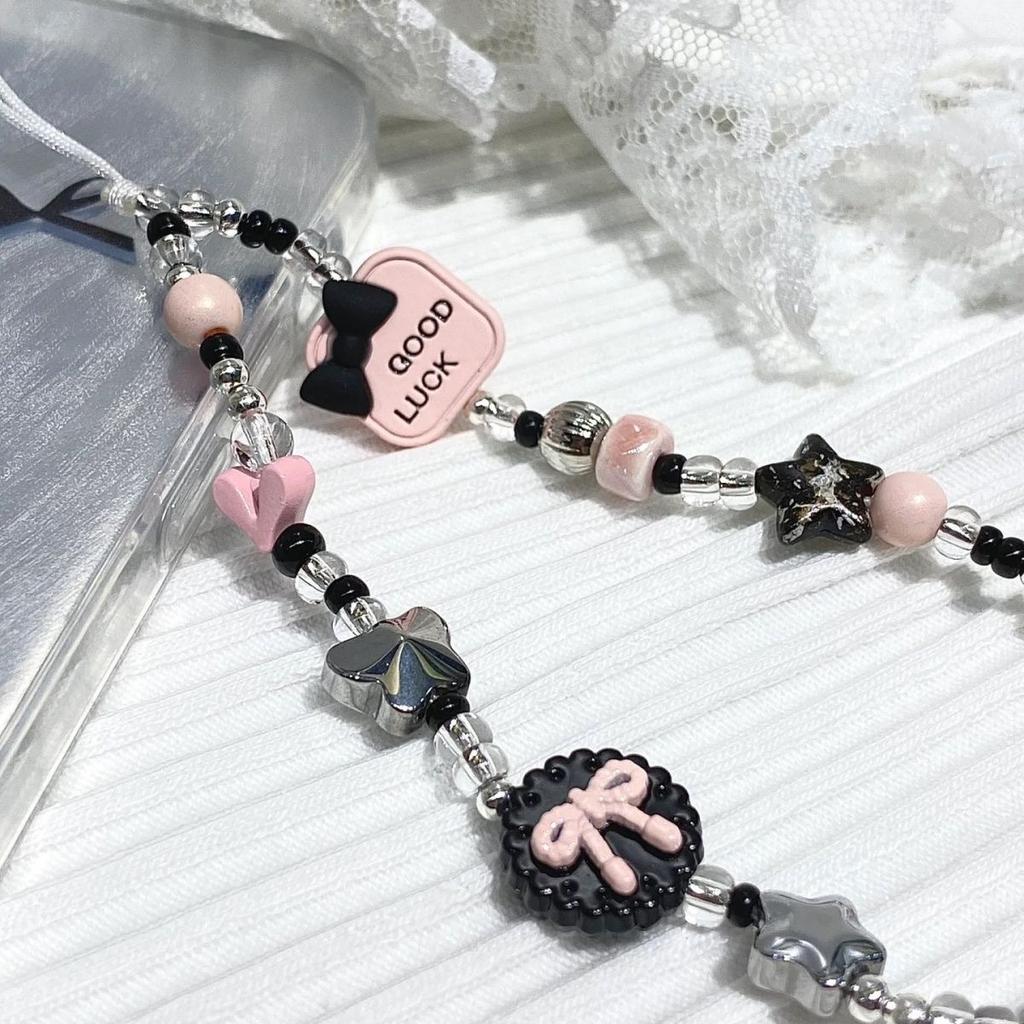 Original Ins Sweet Cool Pink and Ink Color Beaded Hot Girl Phone Chain DIY Lanyard Chain CCD Camera Pendant Hanging Chain