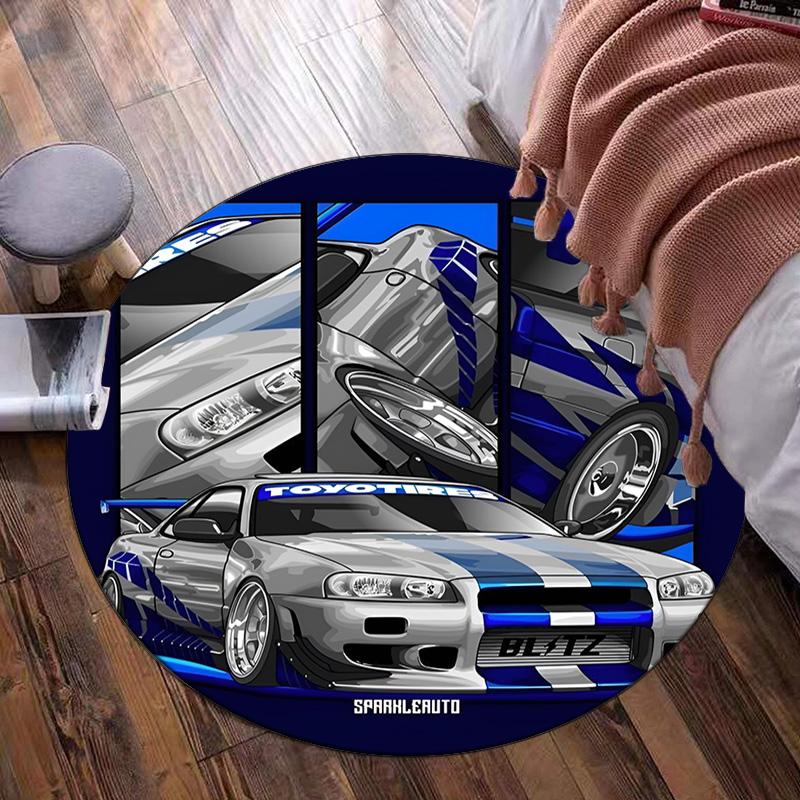Skyline Blue Racing Spirit Speed And Style Round Rug for Livingroom,Bedroom, Palyroom, Chair Rug, Area Rug, Circle Carpet, Fan Christmas Gift