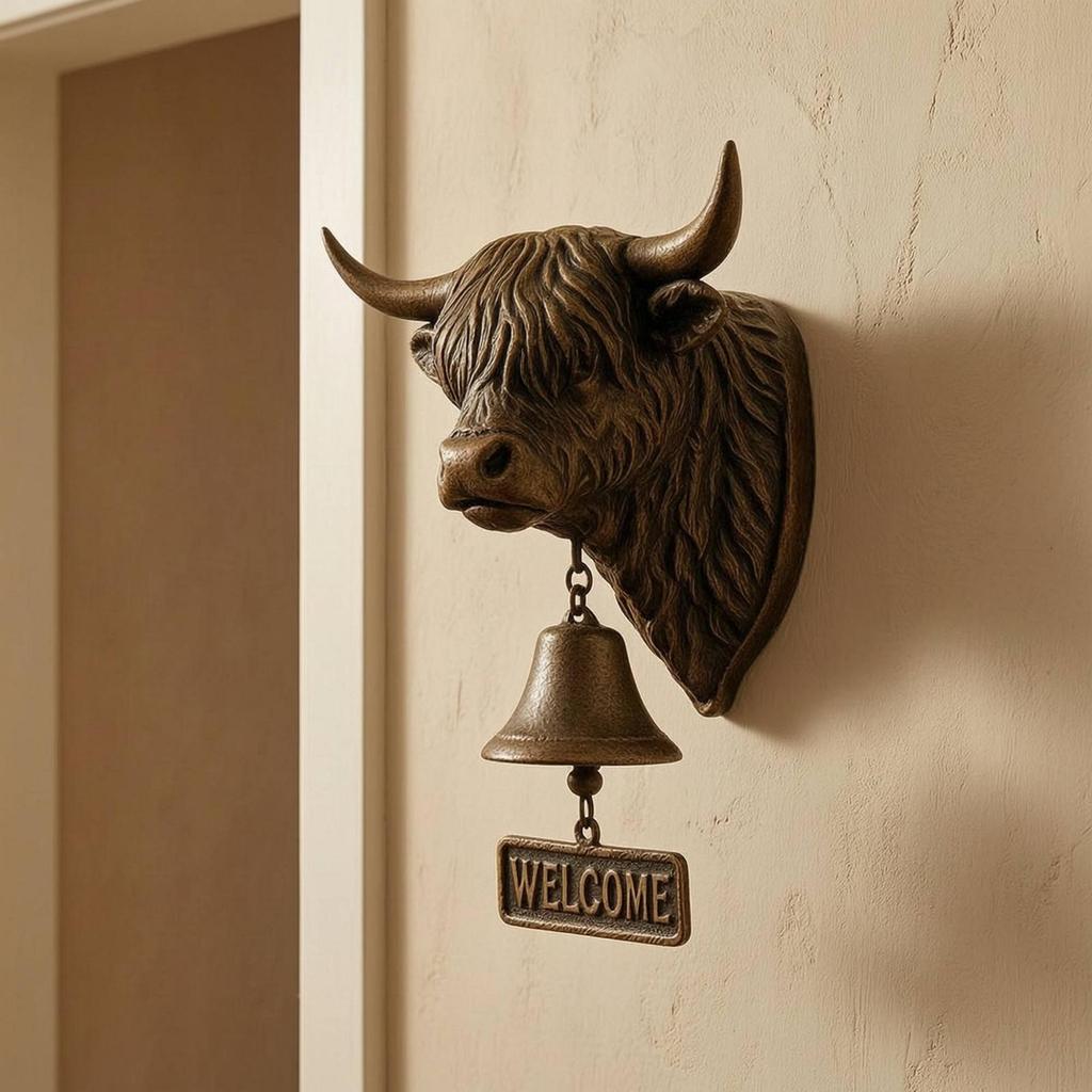 Scottish Cattle Welcome Bell Wall-Hung Decorative with Sign Rustic