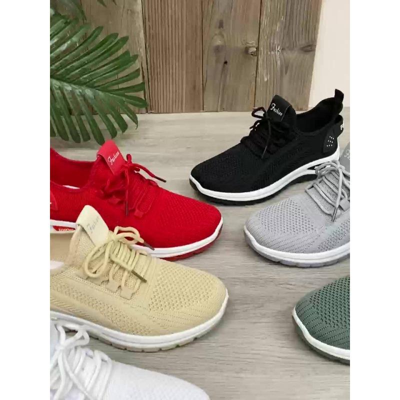 Women's White Low-Top Knit Sneakers Lightweight Lace-Up Anti-Slip All-Season Casual Light Workouts