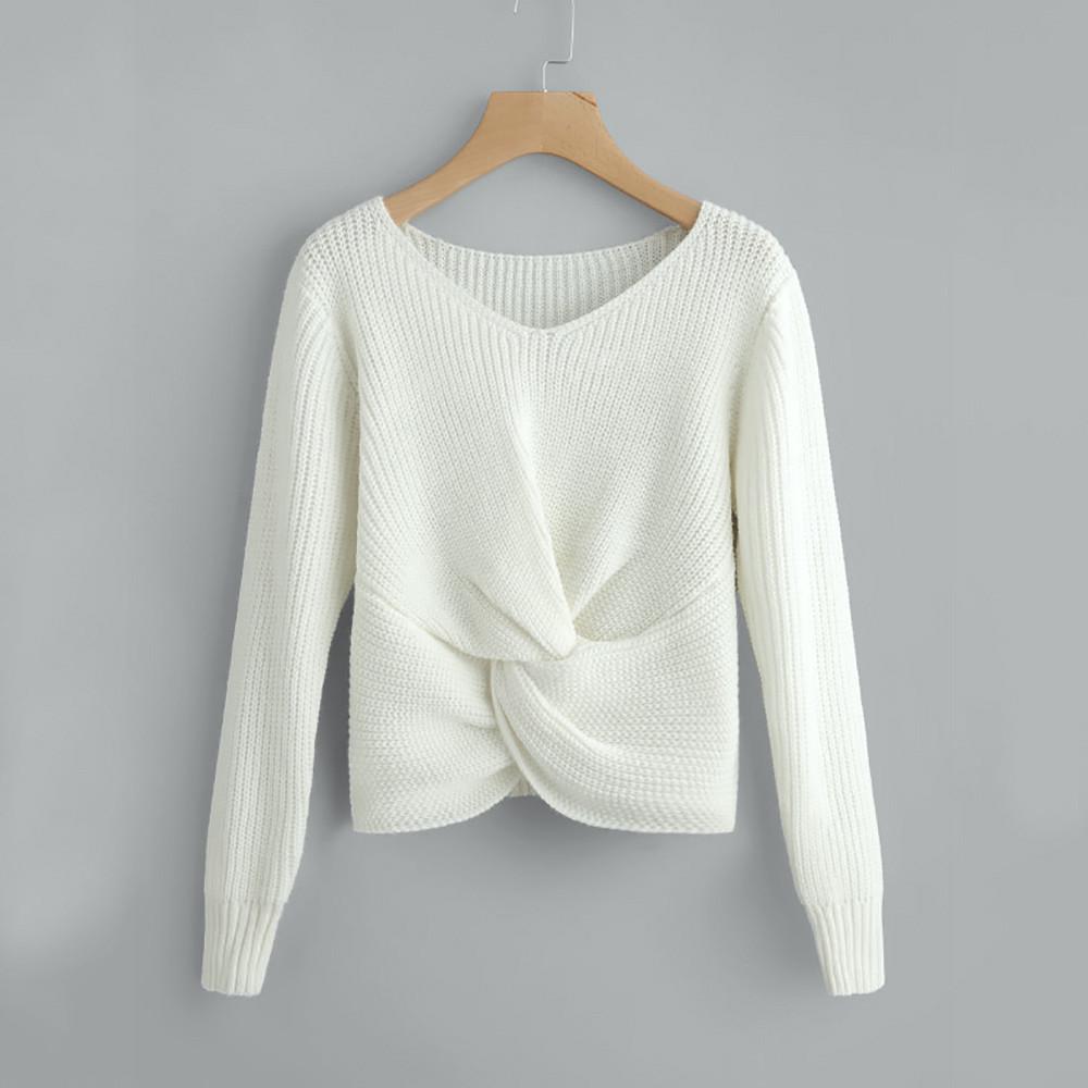 Women Long Sleeve Solid Color V-neck Sexy Cross Knotted Panel Sweater 