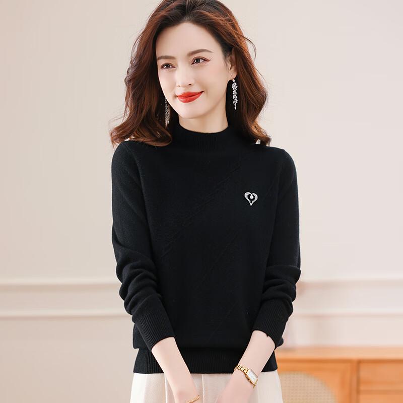 Fengxun Women's 100% Wool Semi-High Neck Thickened Base Layer Sweater