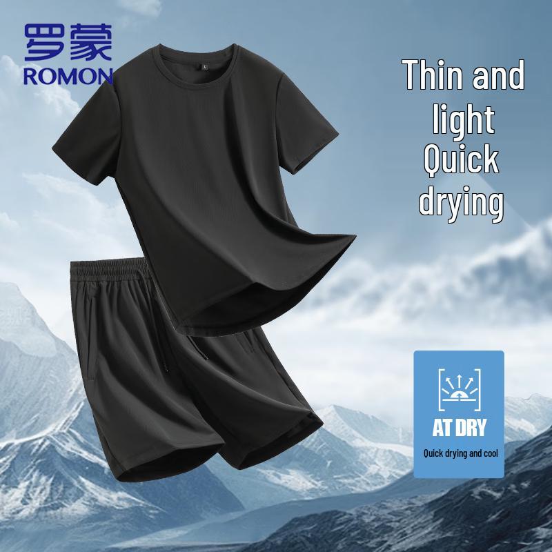 ROMON Men s Summer Quick-Dry Ice Silk Sport T-Shirt & Shorts Set 4XL