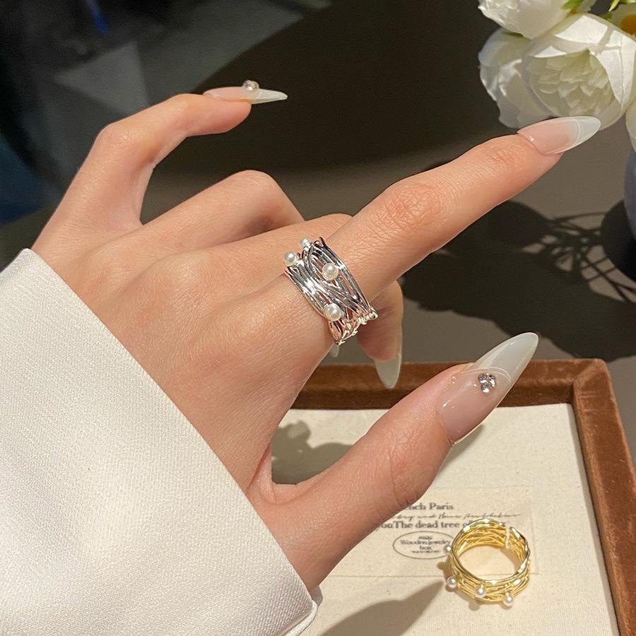 Trendy Korean Multi-Layer Adjustable Ring with Faux Pearl for Women - Retro Niche Design Open Adjustable