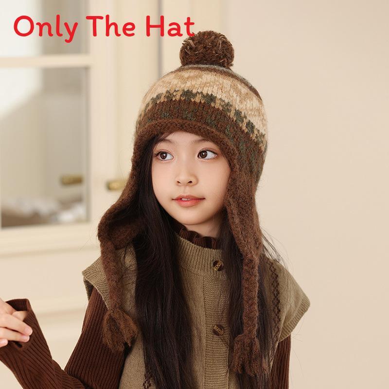 Kids Winter Knit Earflap Hat With Pom Pom For Outdoor Snow Play And Cold Weather коричневый