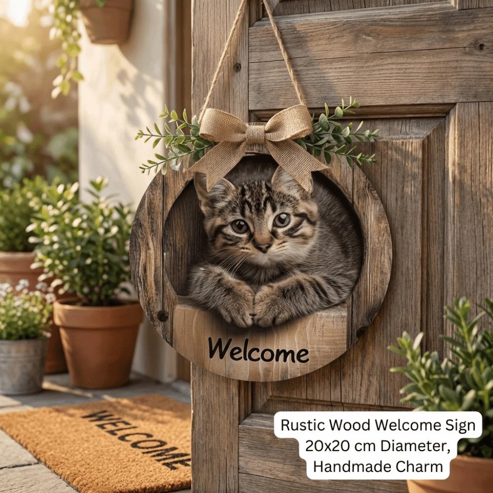 Retro 2D Flat Hanging Wooden Sign Round Magical Cat Welcome Sign Door Hanging Pendant WC Garden Decoration Restaurant
