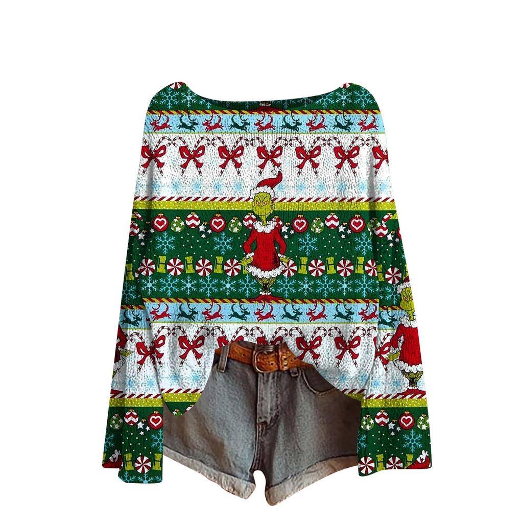 Women's Fashion Christmas Print Lightweight Sweater Casual Long-Sleeve Knit Pullover Top