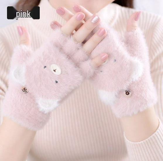 

Women s Cute Little Bear Half-Finger Gloves - Warm Autumn/Winter Style