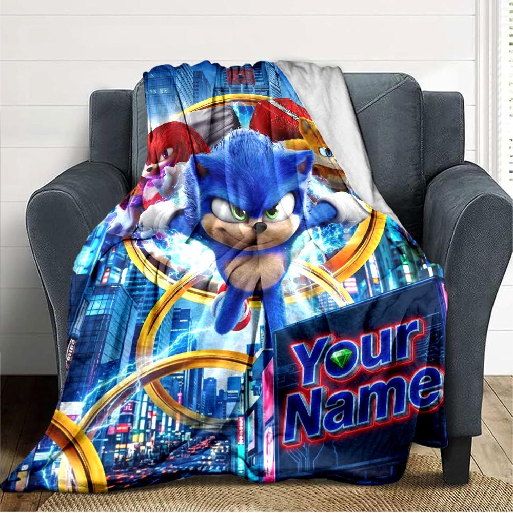 Name Custom Blue the Hedgehog Print Flannel Blanket High Quality Warm Comfortable Cover for All Seasons Perfect for Gifts Home Decor