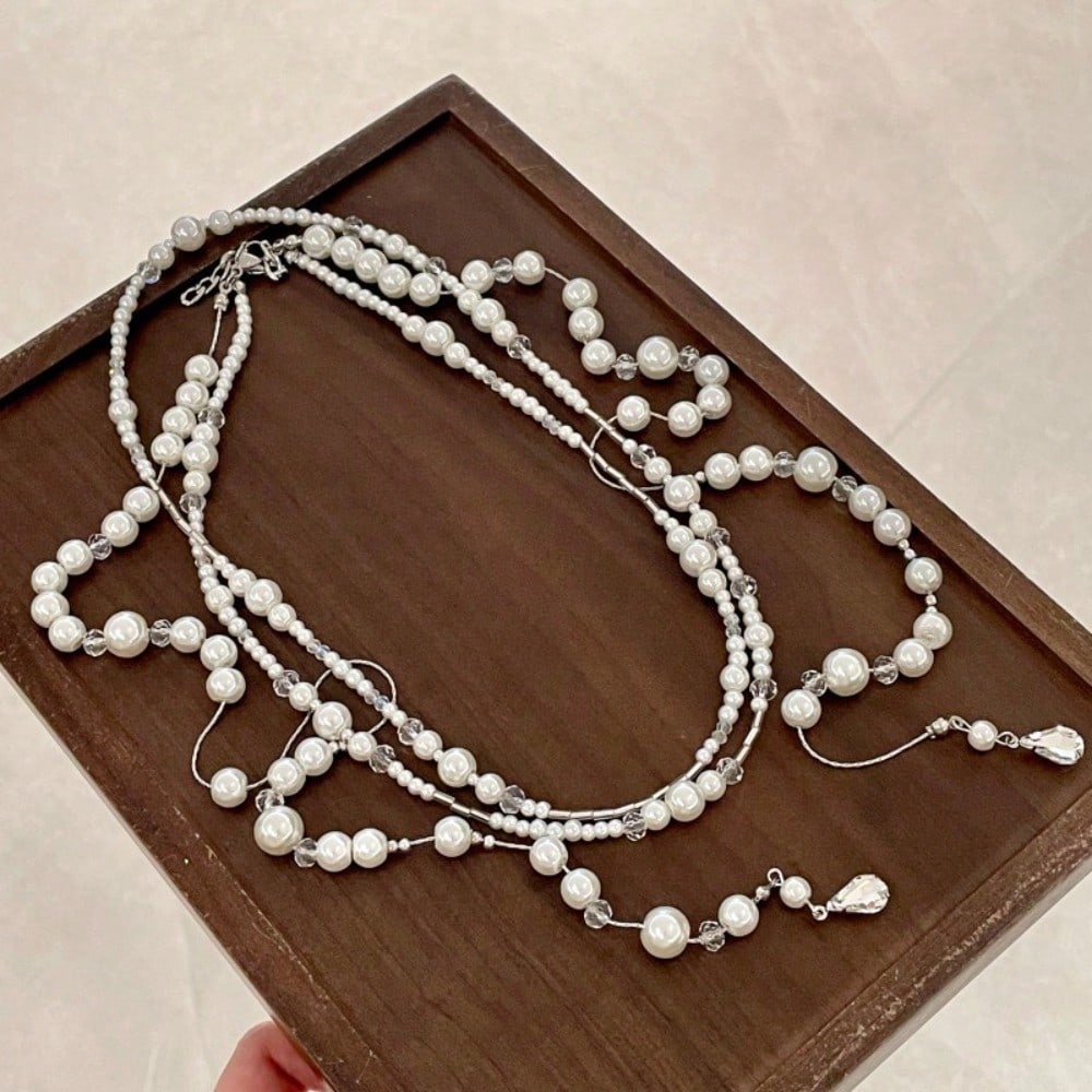 Retro Multi-layer Pearl Fringed Necklace, Long Stacked Neck Chain, Retro Gypsy Water Drop Sweater Chain