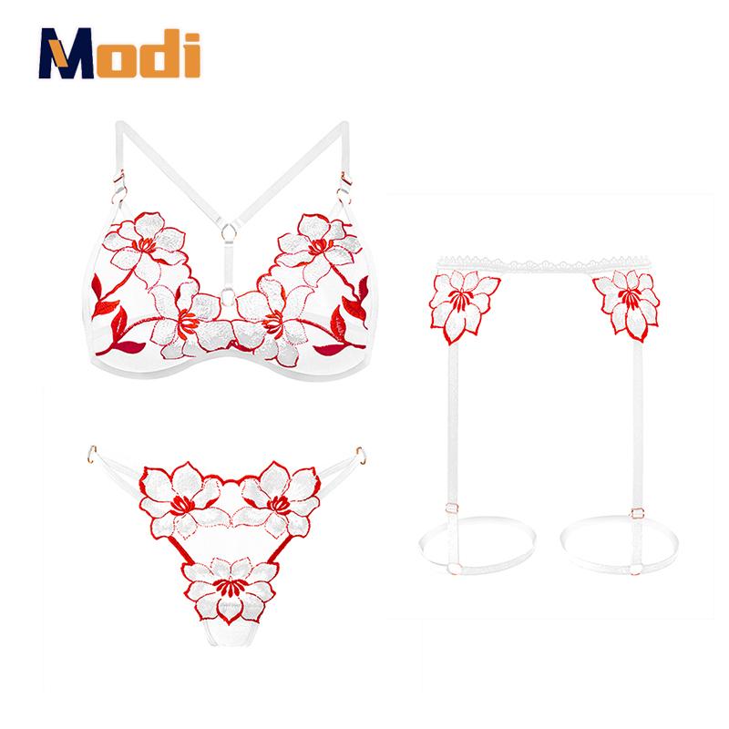 Erotic Lingerie Hot See-Through Embroidered Bra Female Large Size Passionate Temptation Sexy Panties Garter Three-Piece Suit