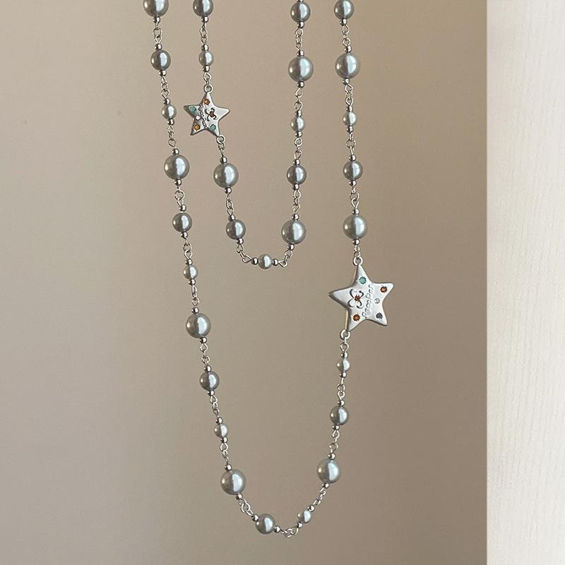 

Classic Gray Faux Pearl Colorful Cubic Zirconia Star Pendant Necklaces For Women Long Double Layered Sweater Chain Necklace