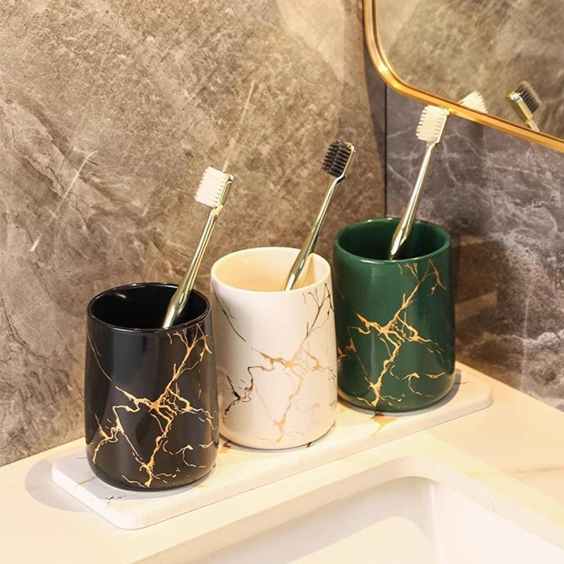 Creative Gold Plated Marble Ceramic Mouthwash Cup Home Couple Toothbrush Holder Ceramic Mouthwash Cup Bathroom Accessories