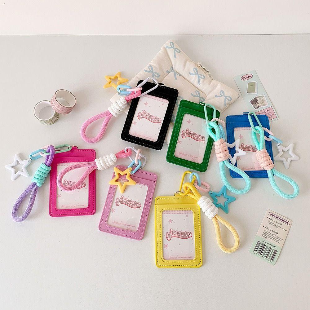 Dopamine PU Leather Card Holder Double Card Slot with Star Pendant ID Card Card Holder Photos Protective Cover